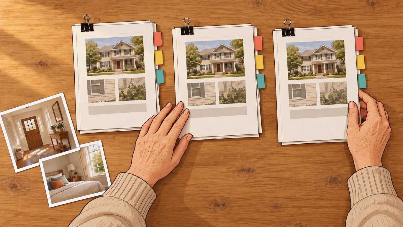 Illustration: An overhead close-up shows hands arranging three matching, color-tabbed evidence packets beside printed photographs.