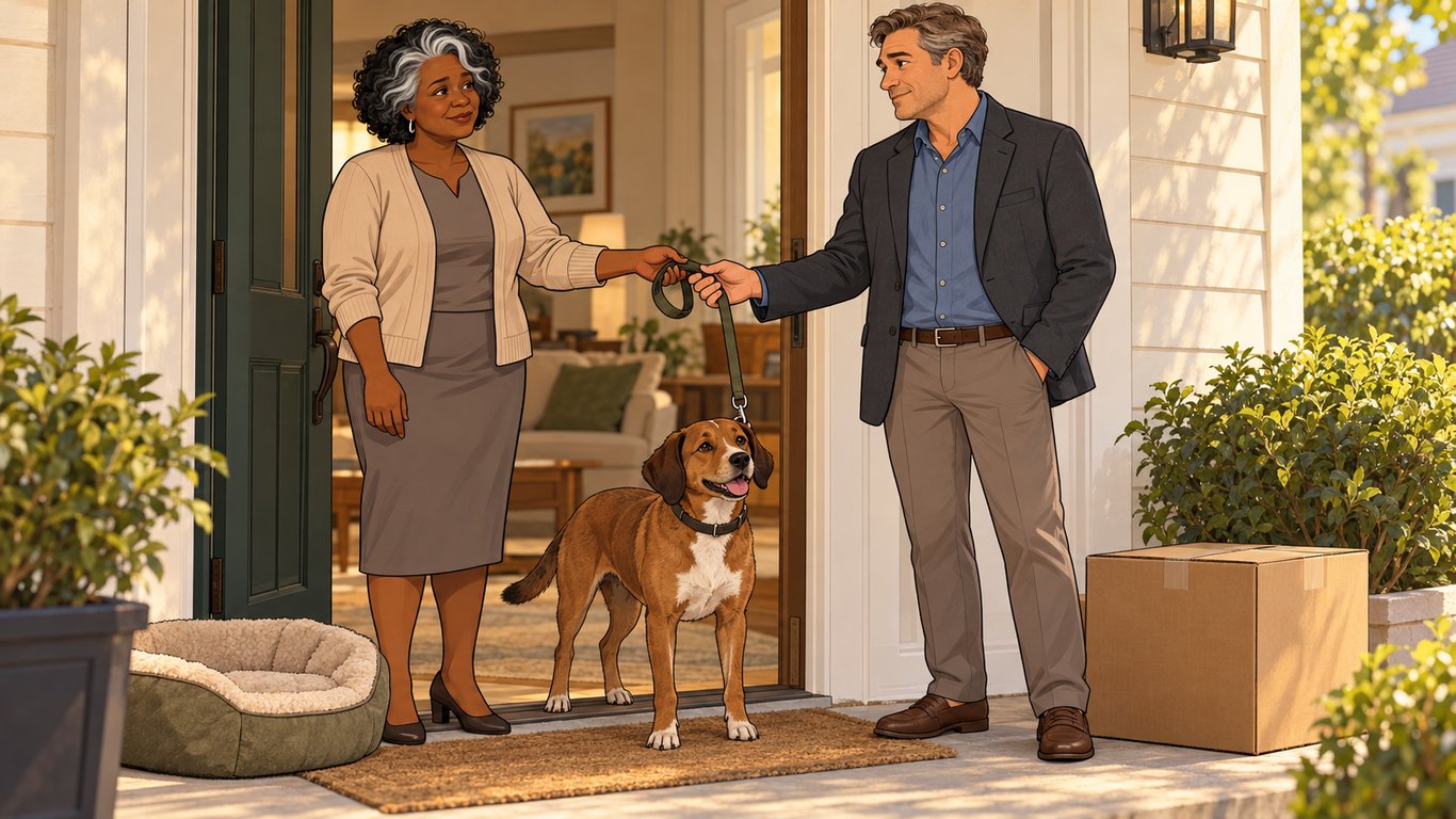Illustration: Two separating spouses calmly pass a dog’s leash between them at a doorway, with the dog’s bed and a packed moving box beside their feet.