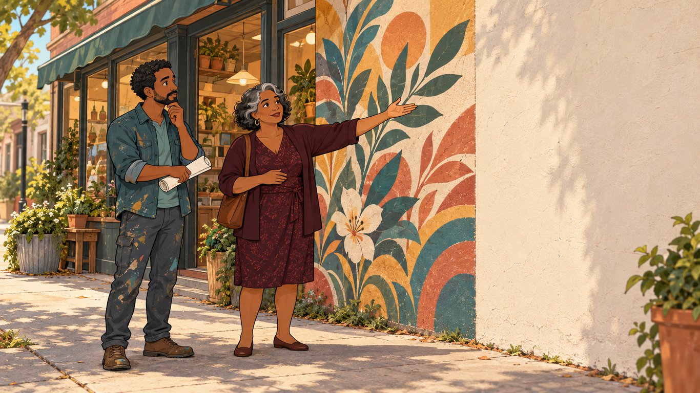 Illustration: At a shopfront, a freelance muralist and business owner study the agreed wall area while the owner gestures toward an adjacent blank wall.