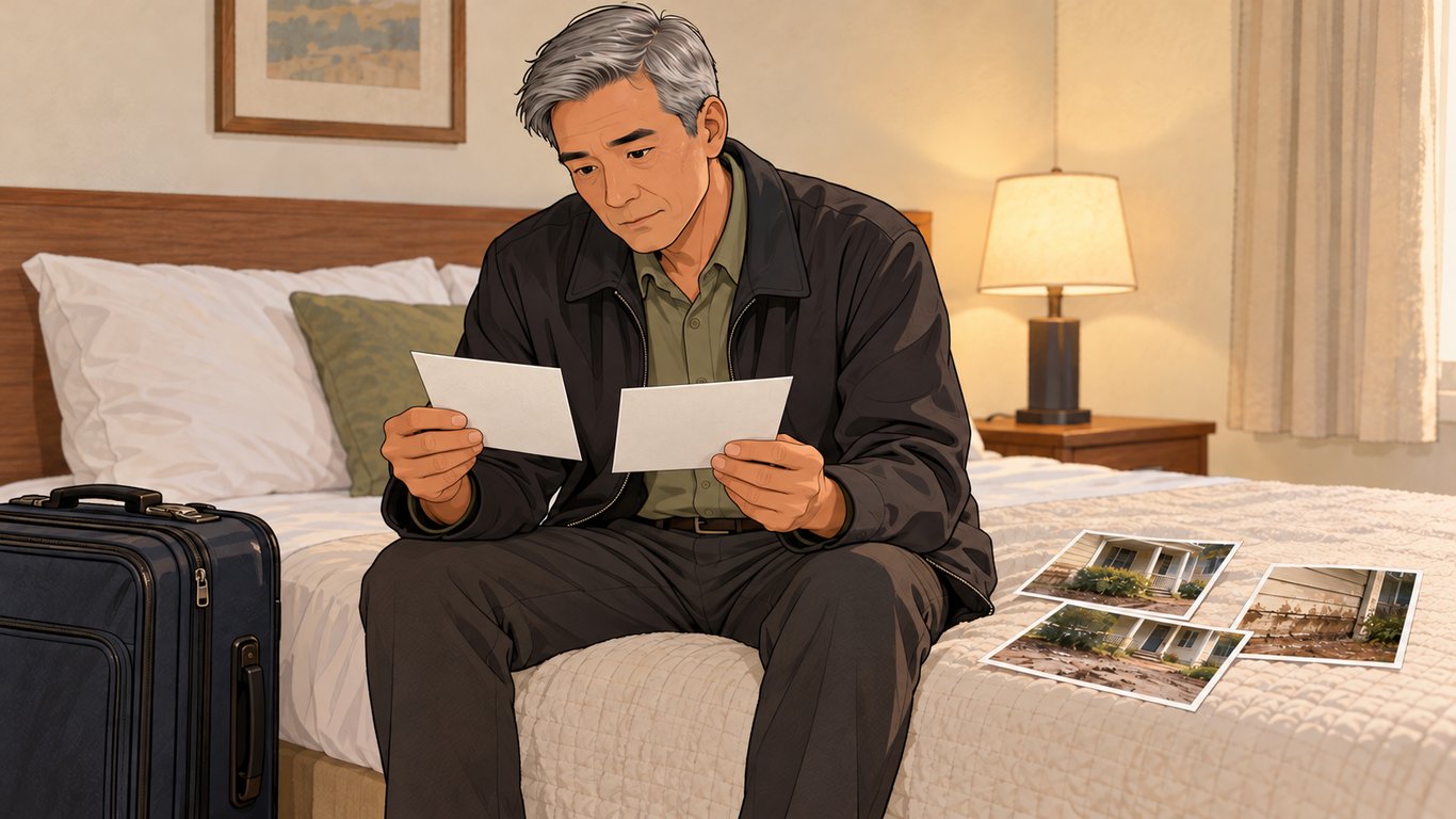 Illustration: A homeowner sits beside a packed suitcase in temporary lodging and looks down at two printed damage photographs. The held photo fronts face him and their plain backs face the viewer; additional photographs of the damaged house remain naturally visible on the bed.