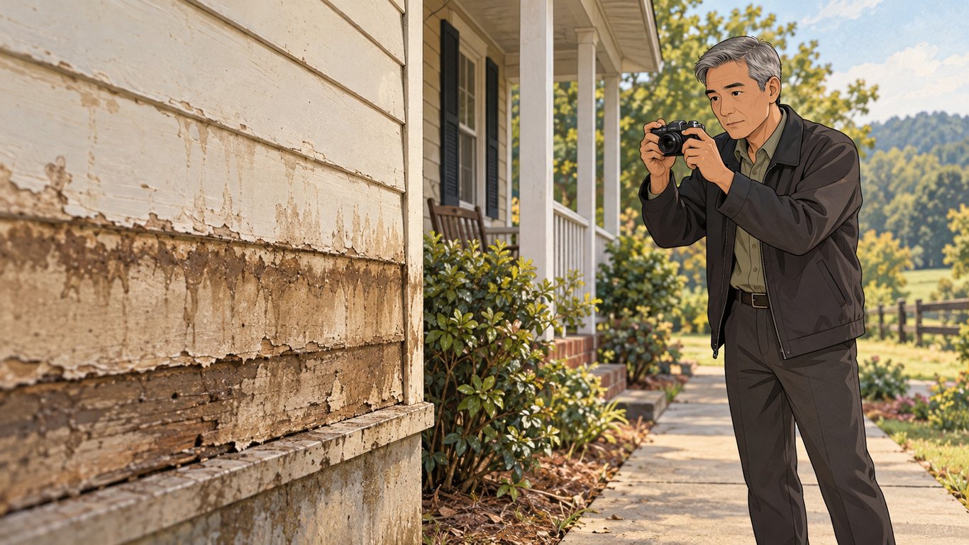 Illustration: A water-stained porch wall fills the foreground as a homeowner photographs the damage from the dry walkway beyond it.