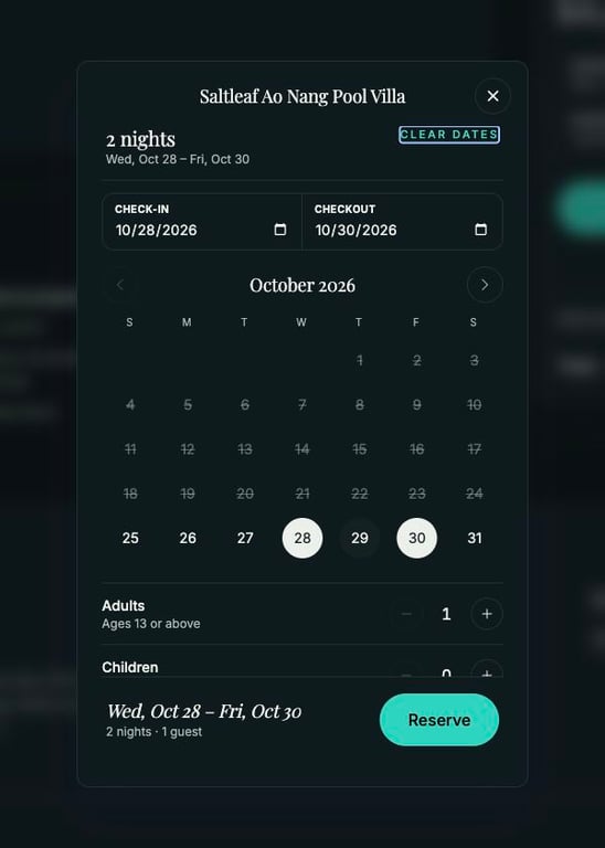 Saltleaf Stays Demo date picker showing a two-night stay, guest selection and Reserve button.