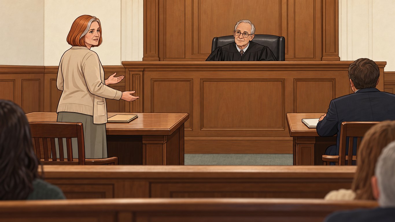 Illustration: From the public gallery, a self-represented person rises to speak while the judge listens and the opposing side remains seated.