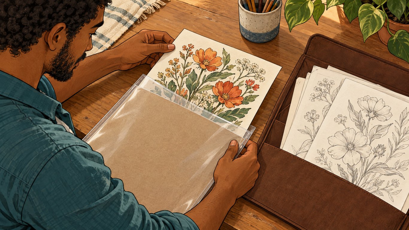 Illustration: A close-up shows an illustrator sliding finished artwork into a delivery sleeve while keeping rough sketches in a separate portfolio.