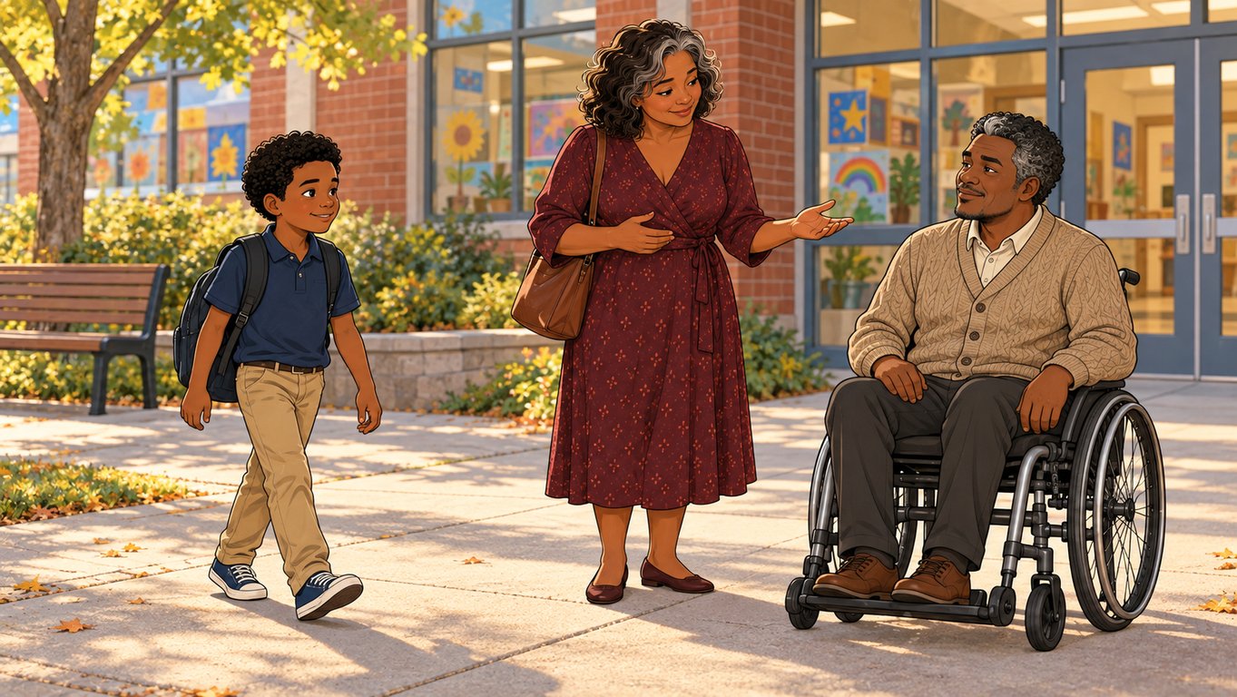 Illustration: Parents support a child during an after-school parenting transition.