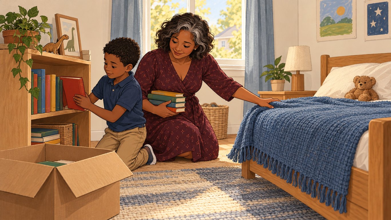 Illustration: A parent and child arrange familiar books and a favorite blanket in the child’s bedroom at a new home.