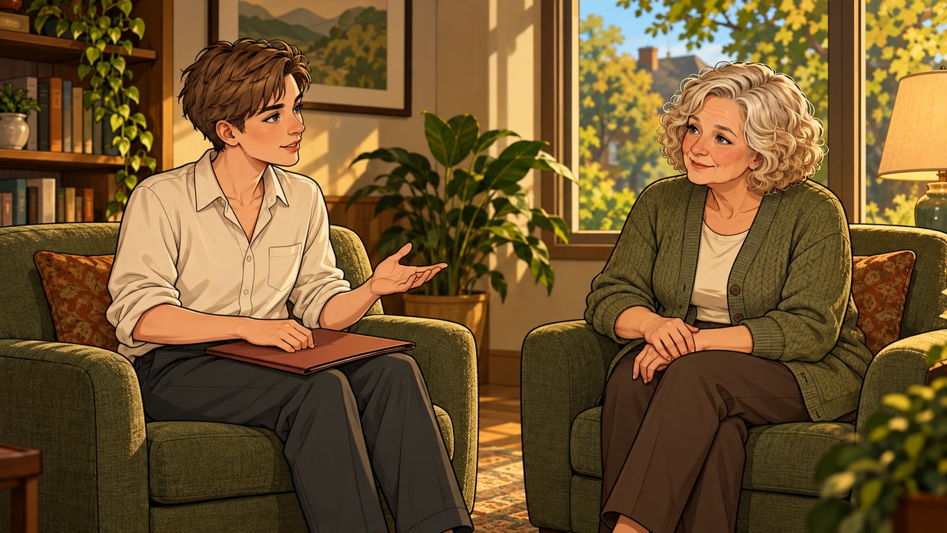 Illustration: An adult and a legal professional talk during a quiet consultation.