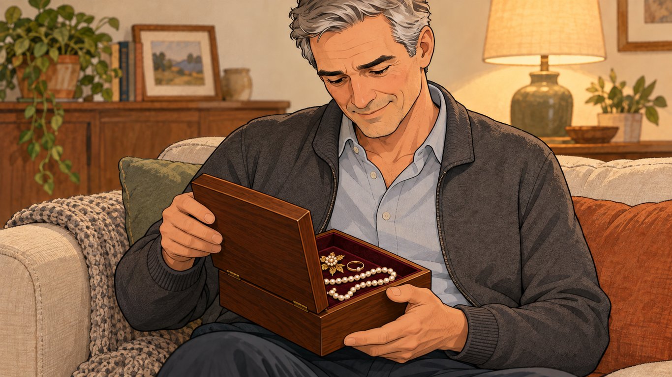 Illustration: A man opens an inherited-jewelry box on his lap and looks naturally into it. The raised lid faces him inside and shows its wooden exterior to the viewer; the contents are partly visible from an elevated side angle.
