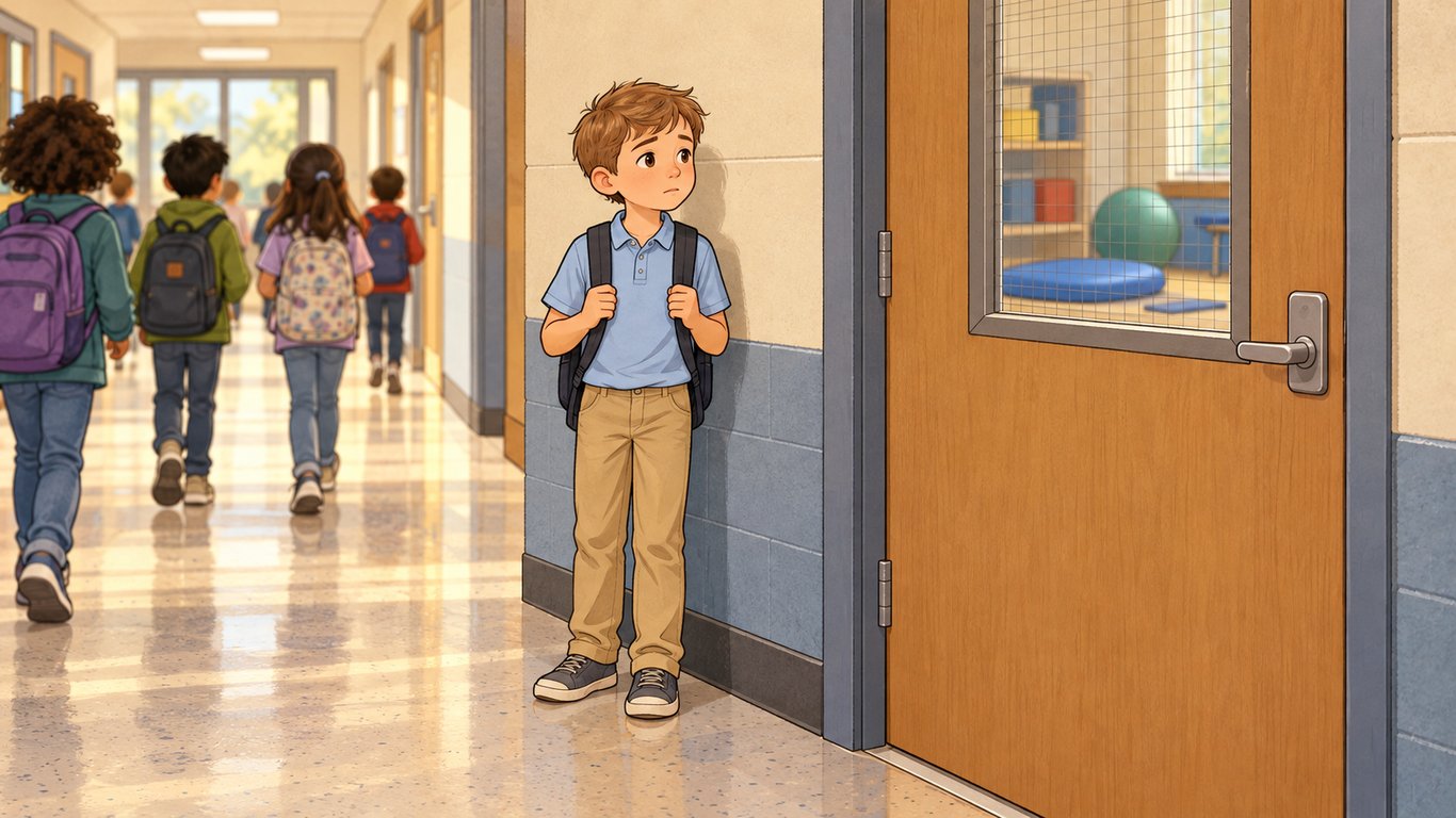 Illustration: A child waits with a backpack outside a closed school therapy room while other students pass down the hallway.