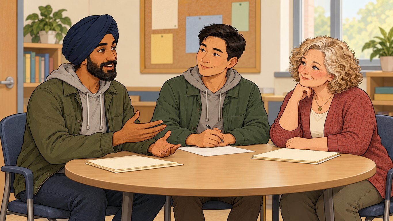 Illustration: A parent speaks during an IEP meeting while the teacher and specialist turn toward them and listen.