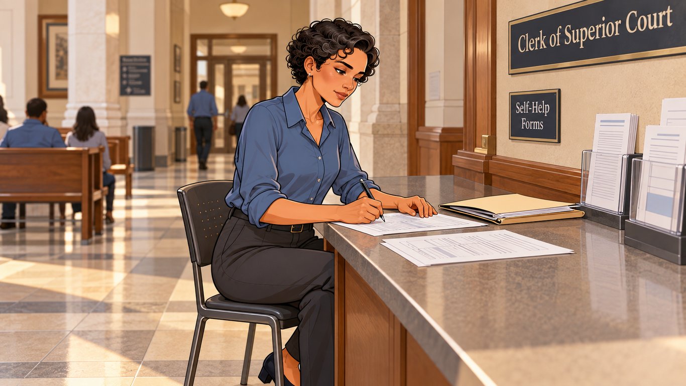 Illustration: A woman completes paperwork at a table inside a courthouse.