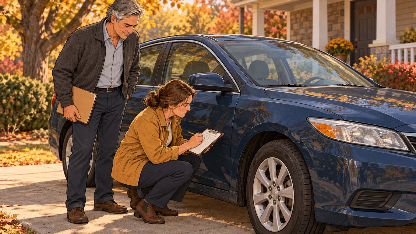 Illustration: A silver-haired man stands beside a parked car while a professional examines its exterior and records observations on a clipboard.