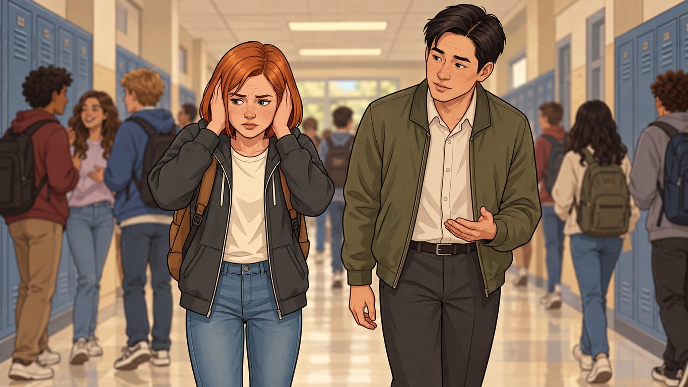 Illustration: A child pauses with hands over their ears in a noisy school hallway while a teacher approaches to check on them.