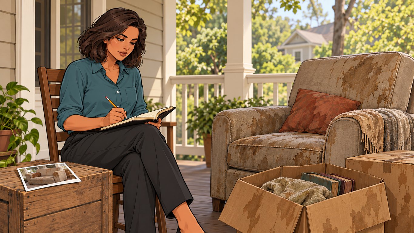 Illustration: A renter writes a paper inventory beside water-damaged belongings on a dry covered porch.