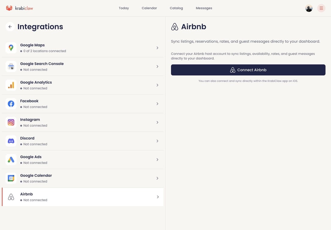 Saltleaf Stays Demo Airbnb connection screen showing the Connect Airbnb control.