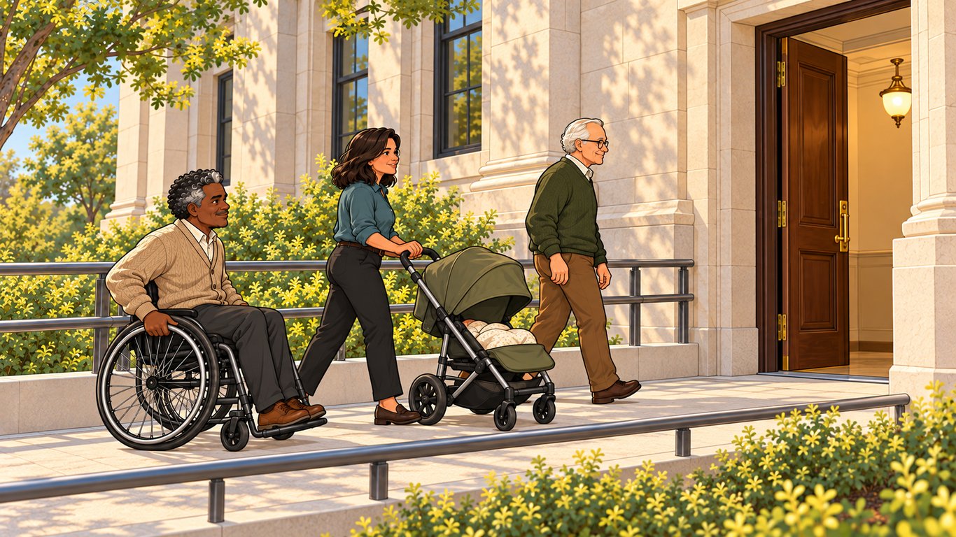 Illustration: A wheelchair user, a parent pushing a stroller, and an older adult approach an open courthouse side entrance on an accessible ramp, with their faces visible.