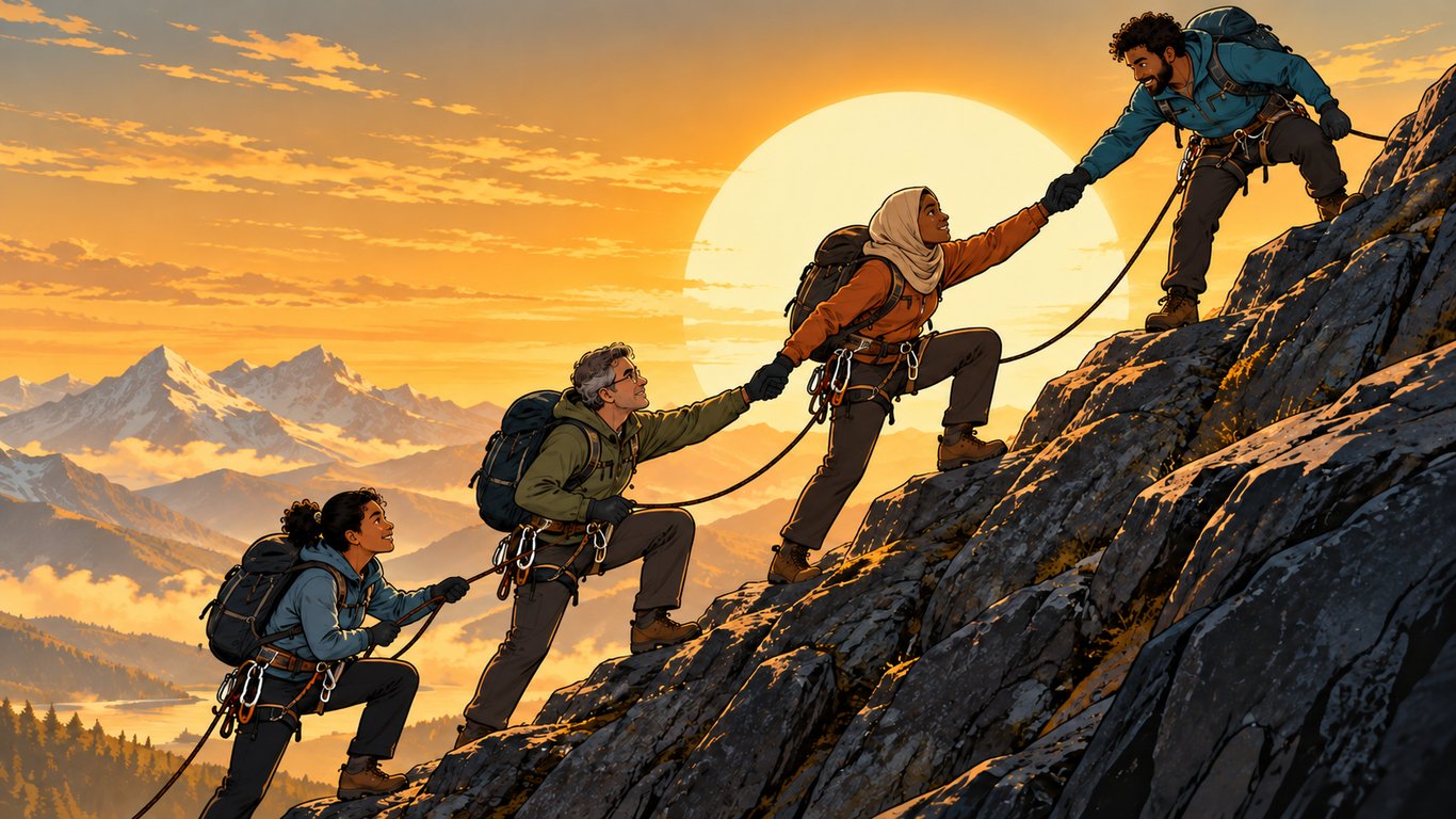 Illustration: Four roped climbers wearing charcoal full-finger gloves help one another ascend a steep mountain at golden hour.