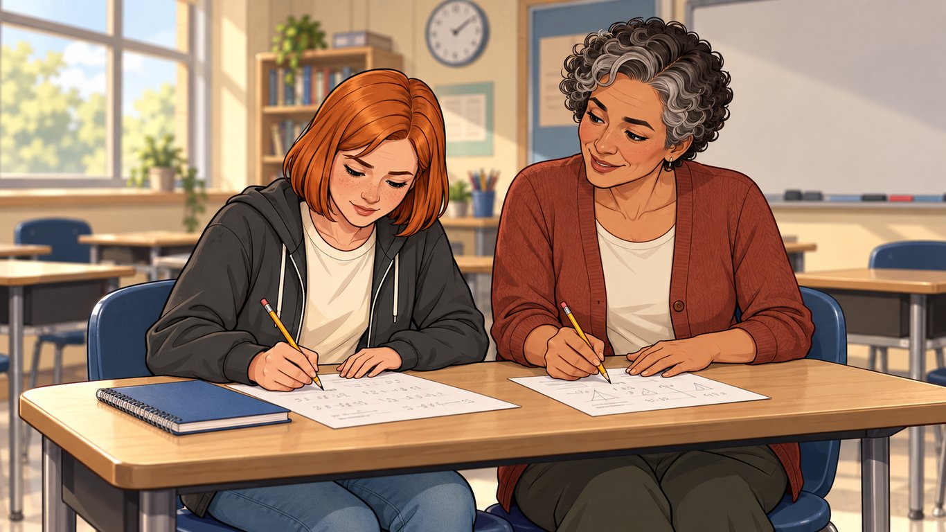 Illustration of a teenager receiving one-to-one classroom support from an adult.