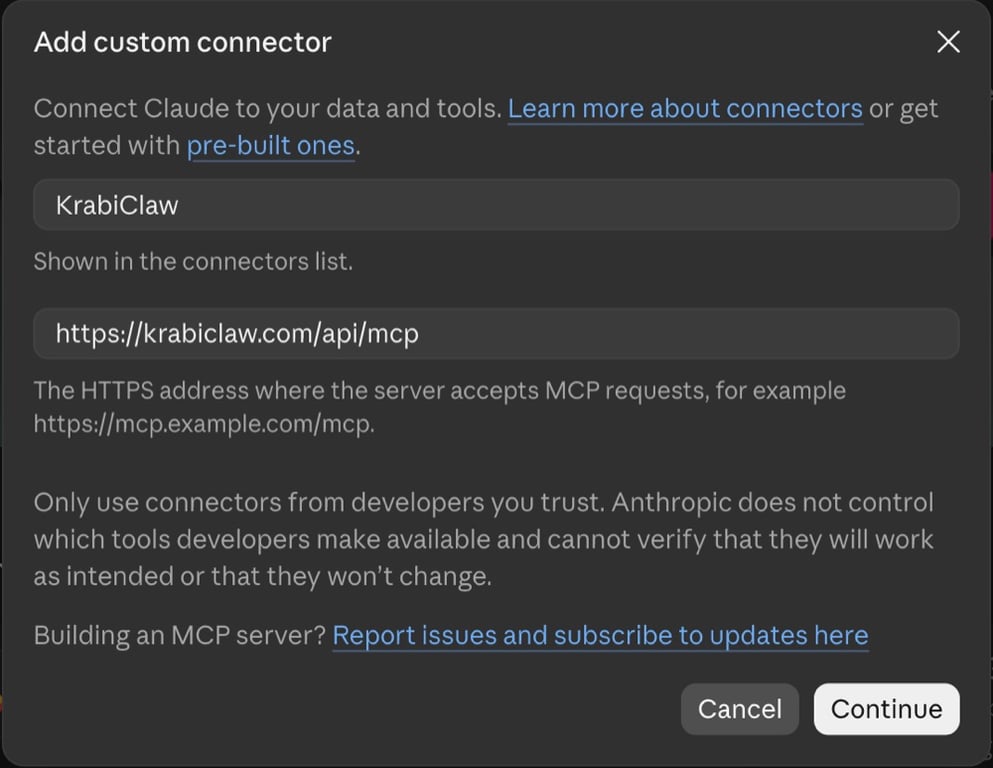 Claude Add custom connector dialog with the name KrabiClaw and the URL https://krabiclaw.com/api/mcp