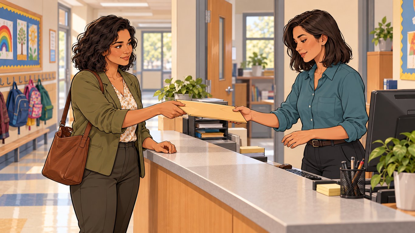 Illustration: A parent delivers a written independent educational evaluation request at a school office.