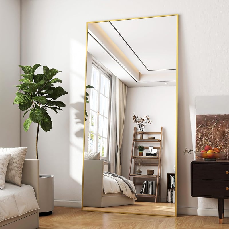 BEAUTYPEAK Nagyméretű Álló Tükör 76x180 cm - Törhetetlen Alumínium Testmagasságú Tükör Hálószobába, Nappaliba - Falra Akasztható vagy Támasz