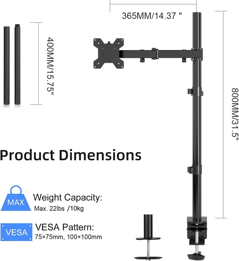 Suptek Monitortartó Kar 13-27" Képernyőkhöz | Asztali Monitorállvány Csipesszel, Dönthető, Forgatható, 80cm-es Oszloppal (MD6821)
