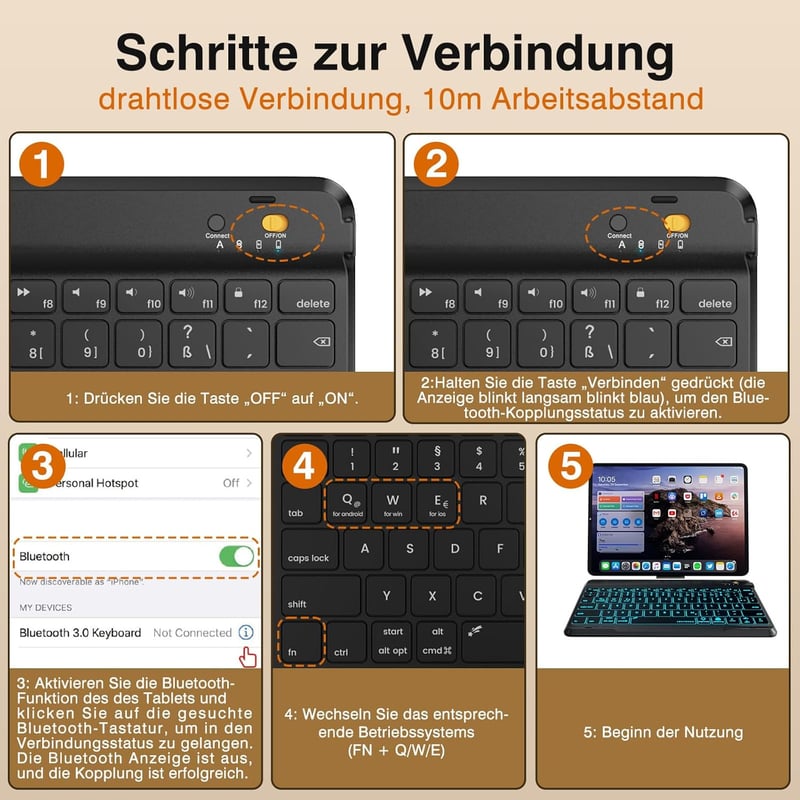 Tumeiguan Háttérvilágítású Bluetooth Billentyűzet - Megnövelt Billentyűkkel, QWERTZ Német Kiosztás, iOS/Android/Windows/Mac Kompatibilis, Ul