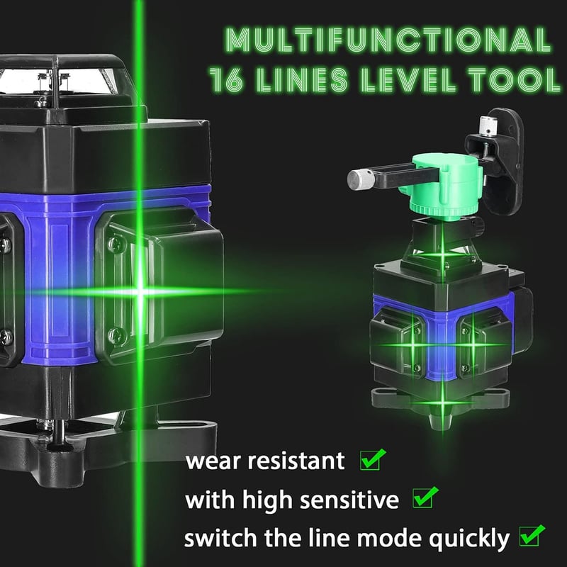 VISLONE 4D Önbeálló Vonallézer Tripod Állvánnyal - 16 Vonalas Lézeres Szintező, USB Tölthető, 2x2400 mAh Akkumulátorral, 360° Forgatható Tal