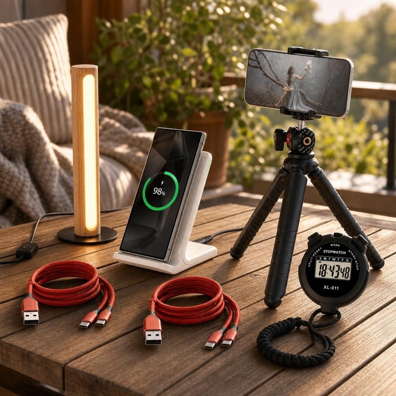 Ranný nabíjací set: 2x USB-C kábel + 15W bezdrôtová nabíjačka + stojan + lampa + budík
