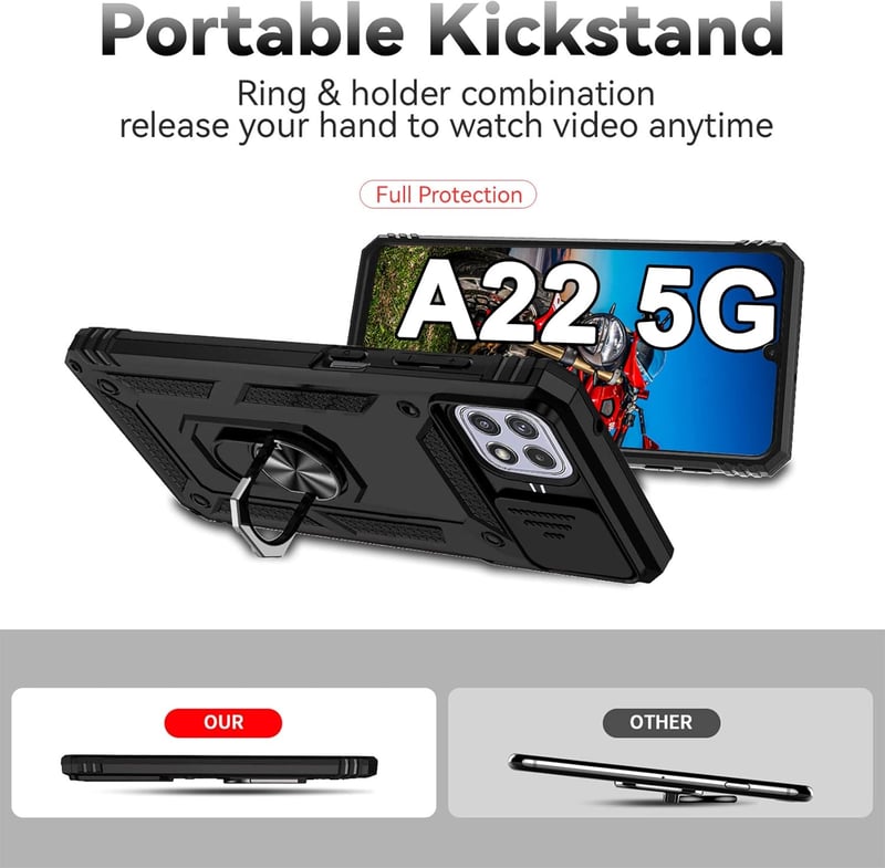 Samsung Galaxy A22 5G tok csúsztatható kameravédővel, 360°-os gyűrűvel és mágneses állvánnyal - Fekete