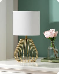 EDISHINE Modern Éjjeli Lámpa, Fehér Vászon Búrával és Arany Fém Alappal, E14 LED Izzóval, Hálószobába, Nappaliba 1
