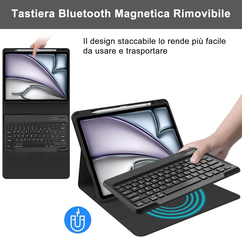 SENGBIRCH iPad Air 13" (M2, 2024) Bluetooth Billentyűzetes Tok - Levehető Mágneses Billentyűzet, Ütésálló PU Bőr Védőtok, Fekete
