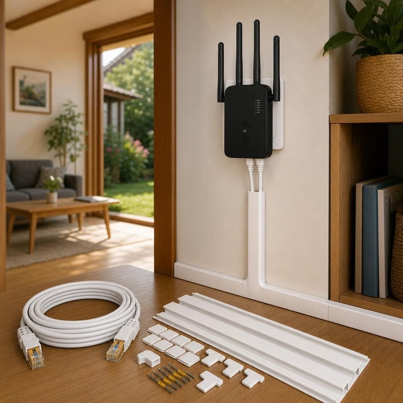 Netmentő jelerősítő csomag: 300 Mbps WiFi-jelerősítő + 2 db Cat8 kábel + 10 db kábelcsatorna