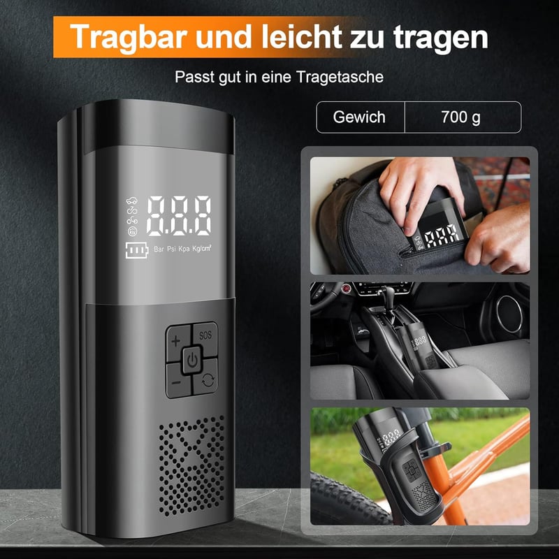 SHTALHST Elektromos Pumpa 6000 mAh Akkumulátorral - 150 PSI Kompresszor LCD Kijelzővel Kerékpárhoz, Motorhoz, Autóhoz - Zseblámpa és Powerba