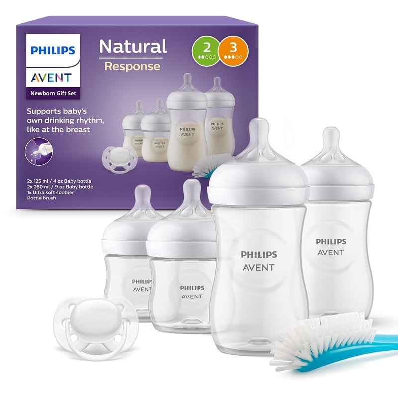 Philips Avent Natural Response Újszülött Ajándékszett - 4 Cumisüveg, Ultra Puha Cumi és Üvegmosó Kefe, 0-12 Hónapos Babáknak, BPA-mentes