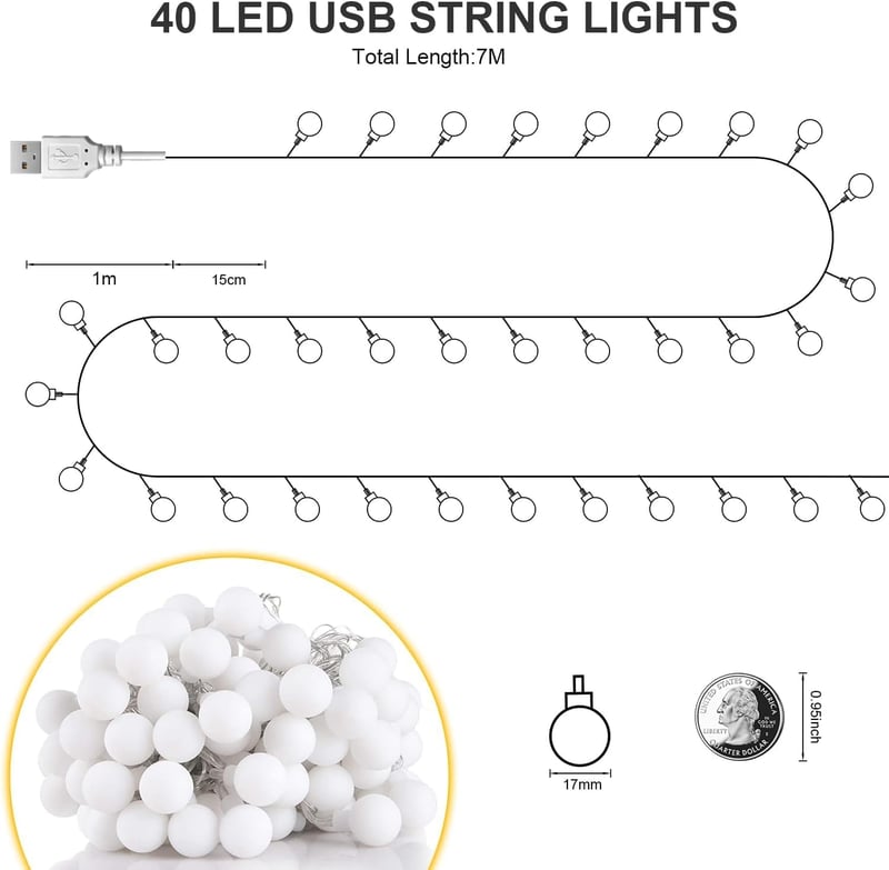 Bigzom USB Gömb Fényfüzér 7m 40 LED Meleg Fehér IP65 Vízálló Beltéri Dekoráció Hálószobába Nappaliba Esküvőre Karácsonyra - 7M-Lichterkette USB