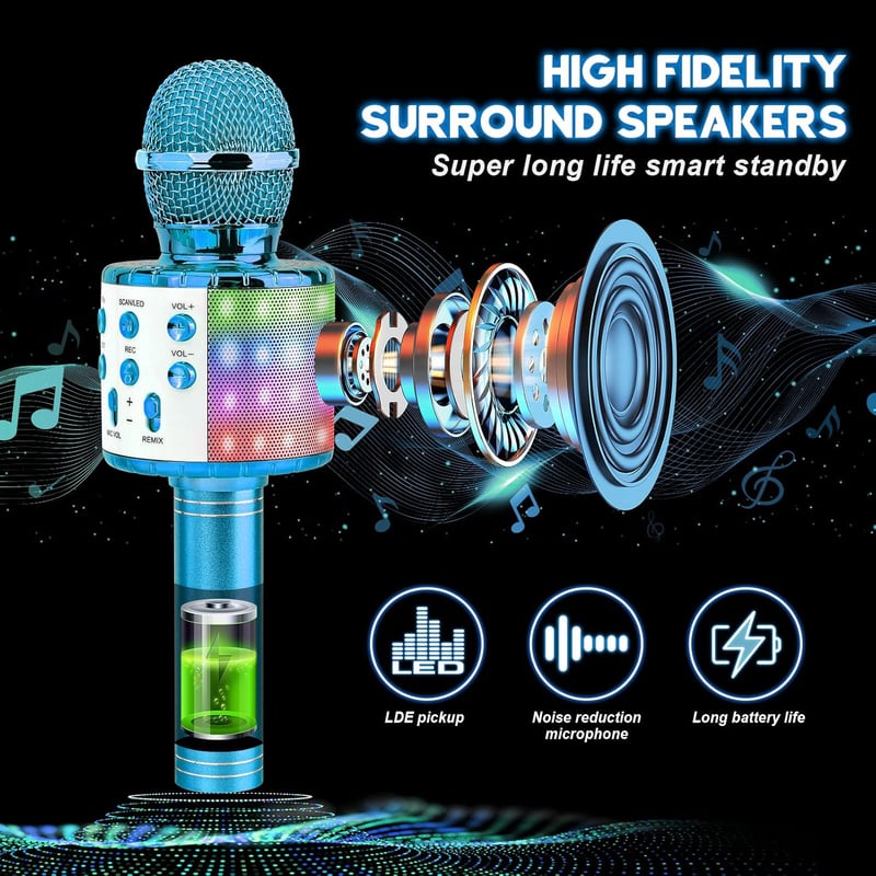 ShinePick Kék Bluetooth Karaoke Mikrofon LED Fénnyel, Hangszóróval - Android/iOS Kompatibilis