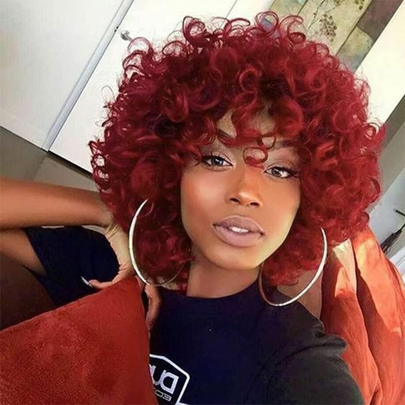 PORSMEER Rövid Vörös Afro Paróka Göndör Frufruval - Halloween, Cosplay Jelmezekhez