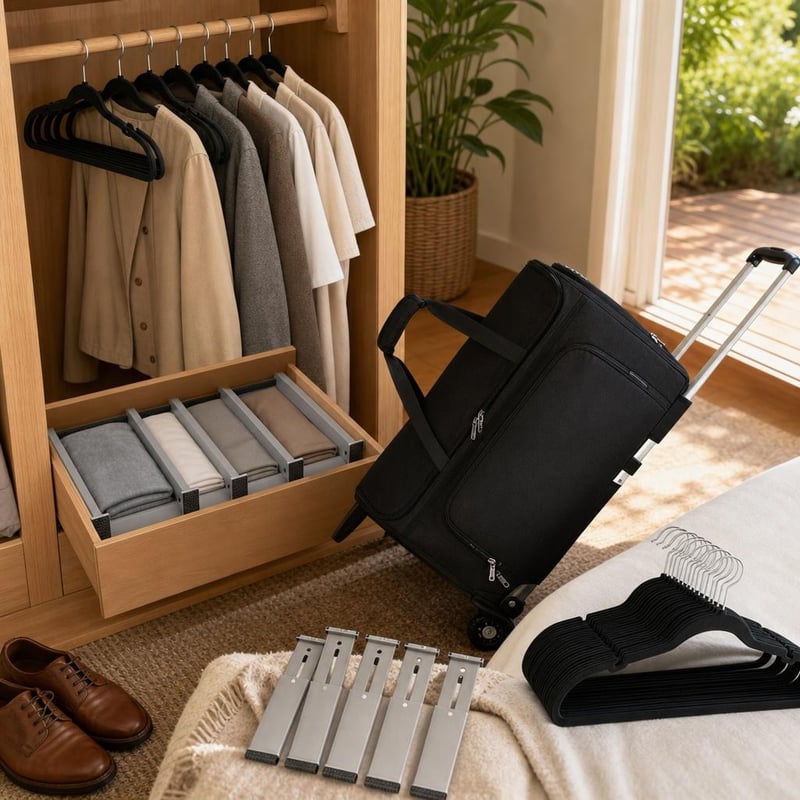 Set za organizaciju ormara: 50x velur vješalica + 4x pregrada za ladice + 47l putna torba
