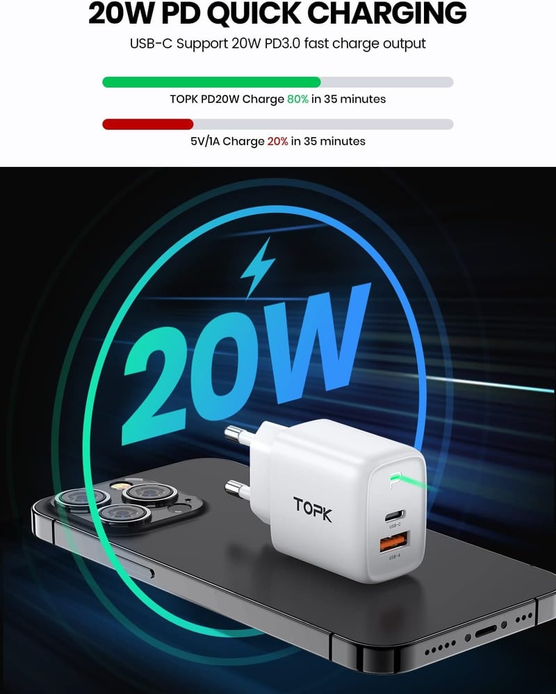 TOPK 20W PD 3.0 USB-C gyorstöltő 2 portos, fehér - Okostelefonokhoz és tabletekhez