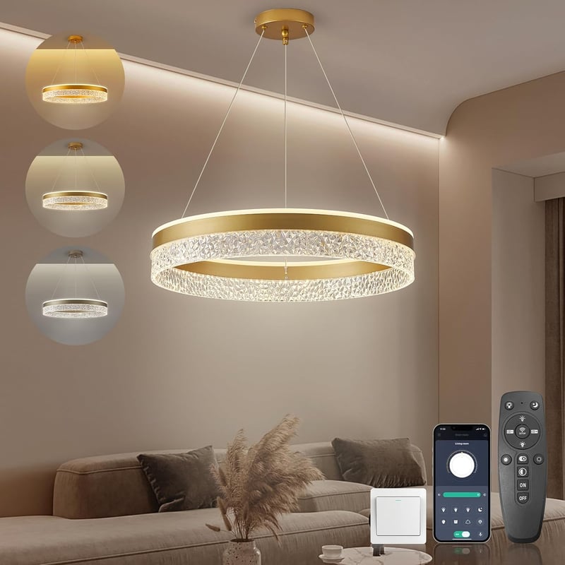 KSIBNW Arany LED Függőlámpa - 60W Dimmelhető Modern Mennyezeti Világítás 50cm Átmérővel, Távirányítóval és Applikációval Étkezőbe, Nappaliba