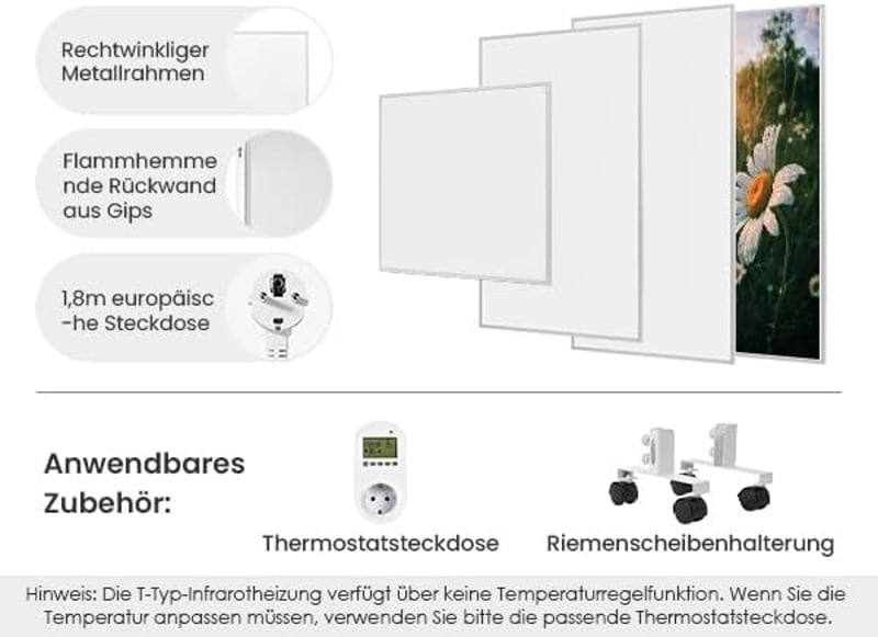 Hocosyme Infravörös Fűtőpanel 800W - Falra Szerelhető, 120°C, 10-25m² Helyiségekhez, 1-3 Perc Felfűtési Idő, TÜV Tanúsítvánnyal