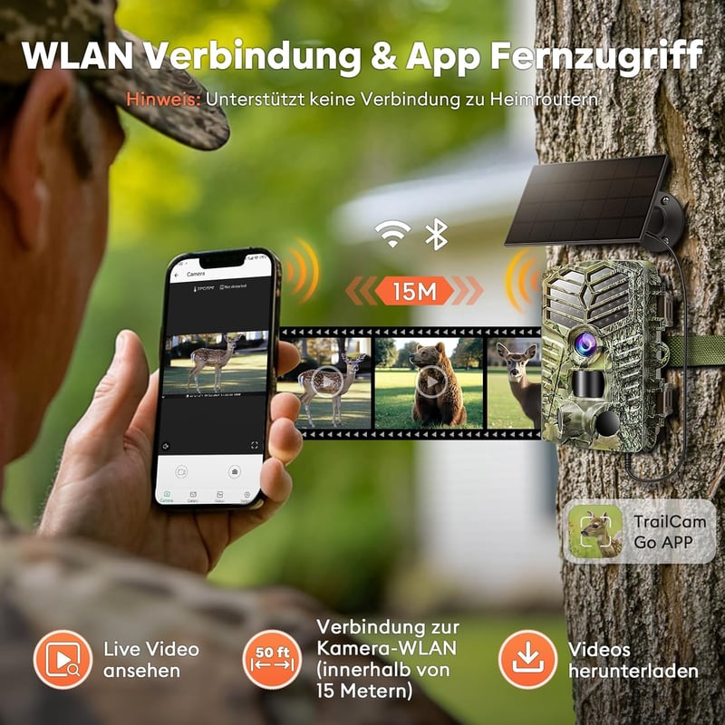 Solareye Vadkamera 2,7K 48MP WiFi Applikációval - Napelemes Vadmegfigyelő Kamera Mozgásérzékelővel, Éjjellátóval, 5000mAh Akkumulátorral, 12
