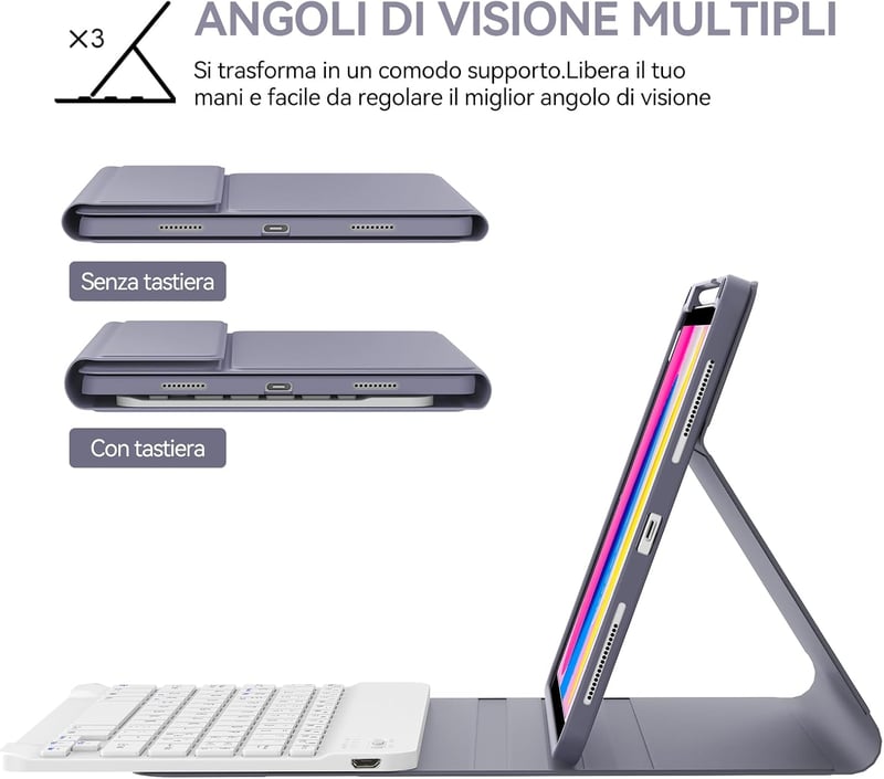 FOGARI iPad 10. Generációs Tok Háttérvilágítású Bluetooth Billentyűzettel, 10.9" Levehető Mágneses Billentyűzet, Apple Pencil Tartóval, Lila