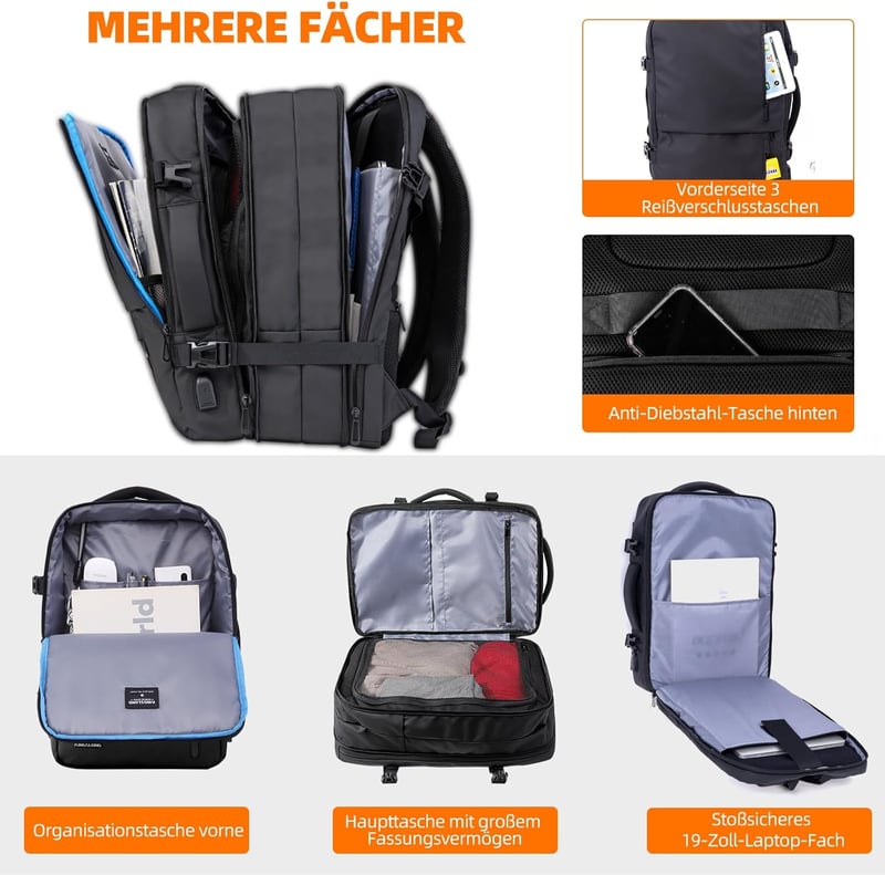 Rucsac laptop KINGSLONG 19" pentru bărbați, 28-46L, extensibil, geantă de călătorie cu port de încărcare USB, hidrofug, dimensiune bagaj de cabină, cu sac de vid și pompă