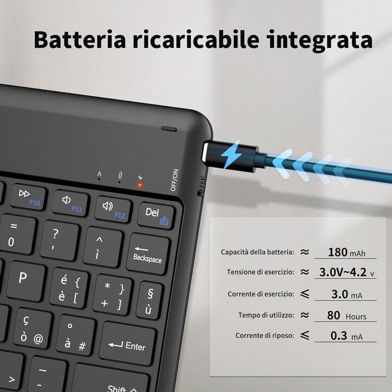 EasyAcc Bluetooth billentyűzet Windows/Android/iOS-hez, olasz kiosztás, 80cm USB-C kábel, fekete