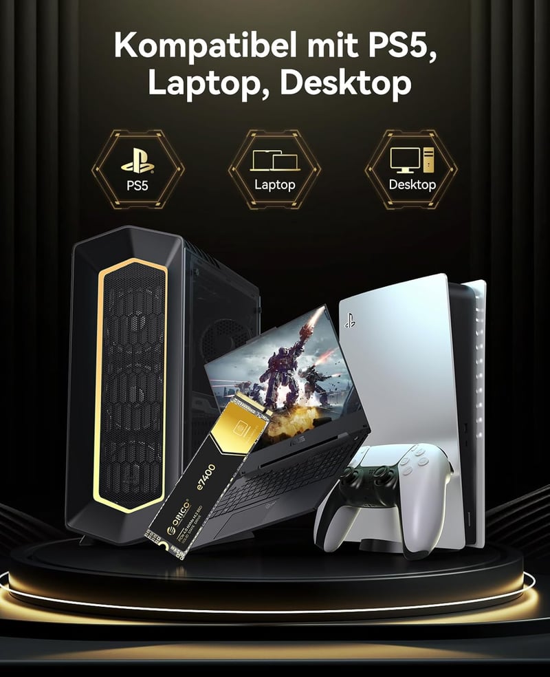 ORICO 1TB NVMe SSD M.2 PCIe 4.0 - 7400MB/s Belső SSD Meghajtó, Arany, Kompatibilis Windows, macOS és PS5 Rendszerekkel, Játékosoknak