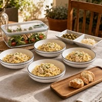 Elegantná pasta súprava: 4x miska + akáciový podnos + dóza + 2x porcelánová miska 1