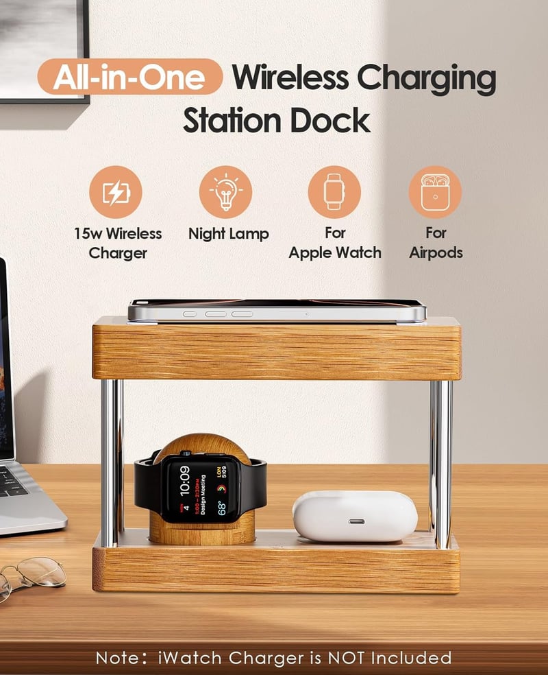 Alltripal 4-in-1 Vezeték Nélküli Éjjeli Lámpa Töltőállomás - iPhone/Apple Watch/AirPods Töltő Fa Dizájnnal, 3 Színhőmérséklet, Állítható Fén