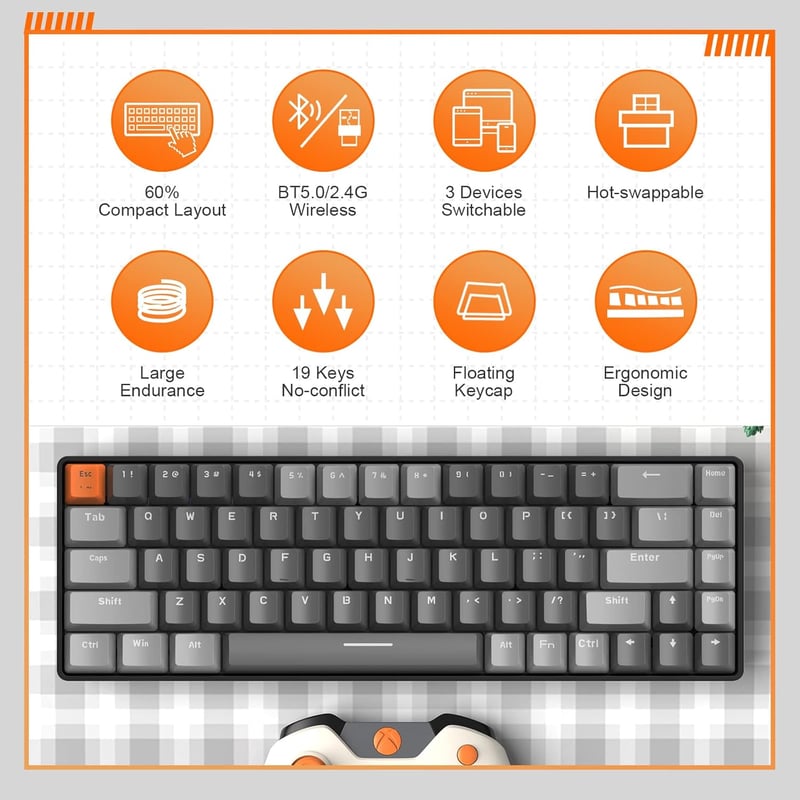 YINDIAO K68 Wireless Mechanikus Gaming Billentyűzet 68 Gomb Bluetooth 2.4GHz Szürke